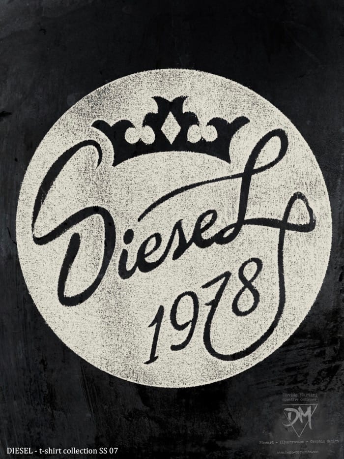 Distressed circular seal with hand-lettered DieseL 1978 and crown detail
