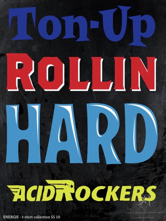 Lettering a mano a blocchi con la scritta Rollin Hard Acid Rockers in rosso, blu e giallo su nero