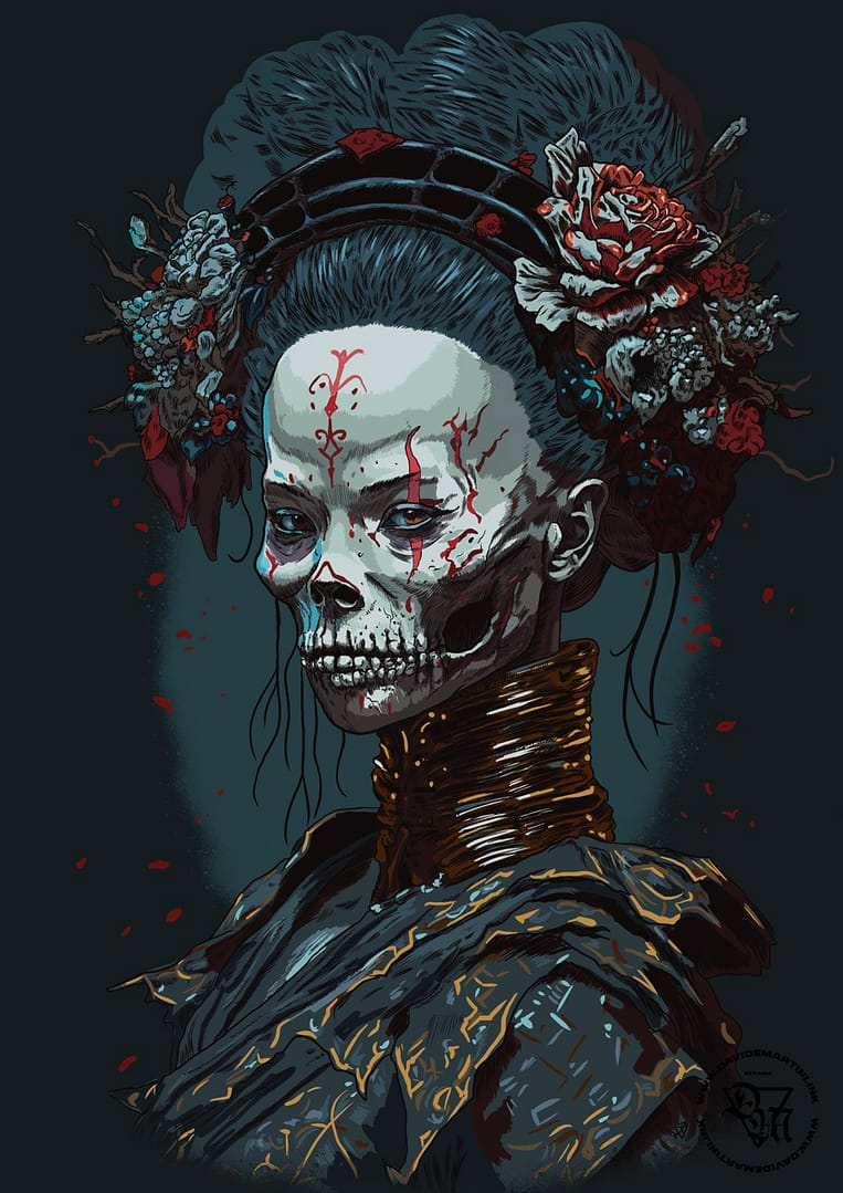 Skull-faced geisha with lacquered black hair, red peonies and painted red markings, dark art illustration