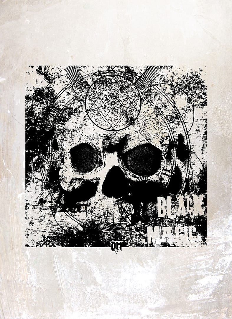 High-contrast photocopy collage poster with an eroded skull and Black Magic lettering
